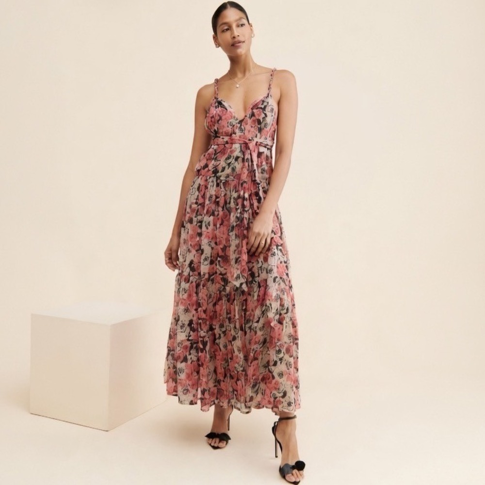 ASTR the Label Eartha Maxi Dress Floral Metallic Tiered M Boho Resort Vacation